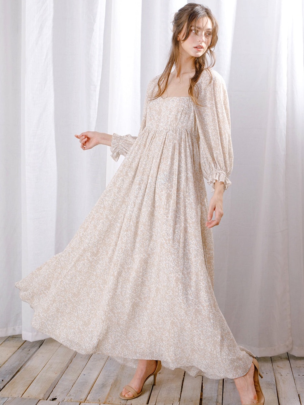 Storia Cream long sleeve bishop sleeve Smocked Maxi Dress coquette
